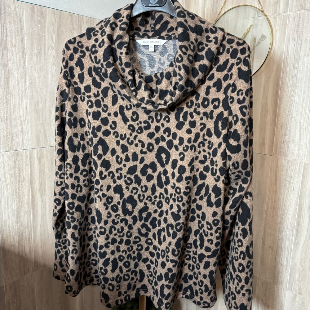Emily Daniel’s Chic Leopard Cowl Neck Sweater